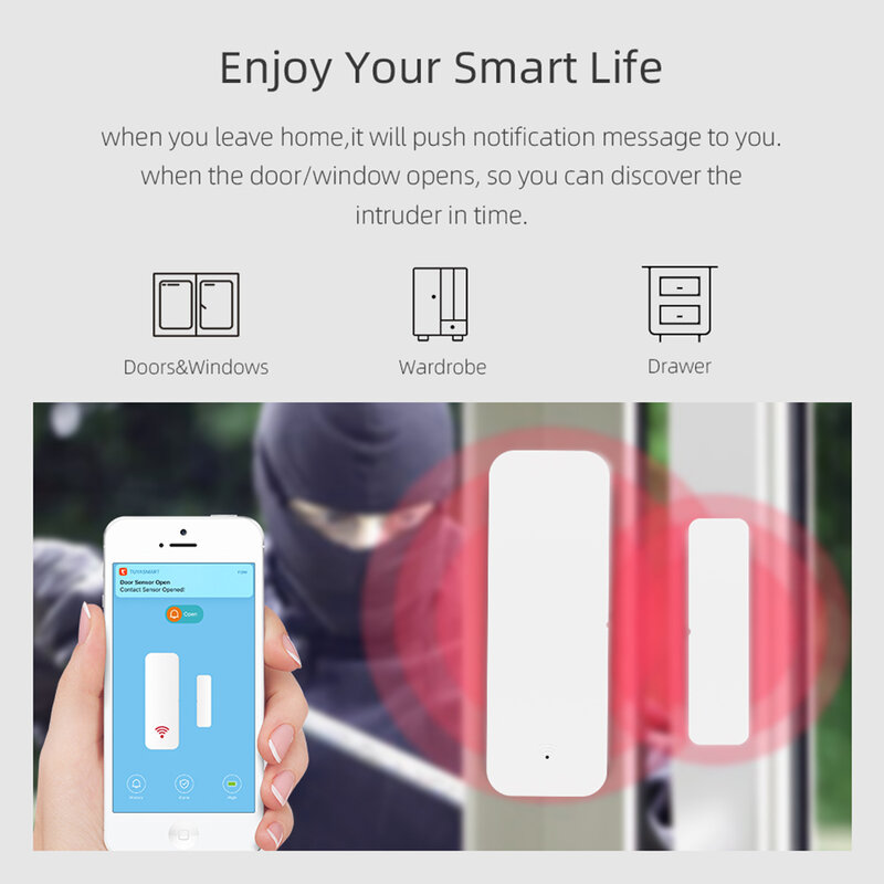 Jeatone WIfi Door Window Sensor App Alertas de Notificação Segurança Conexão Sem Fio Sensor Inteligente para Sistema de Alarme Segurança Doméstica