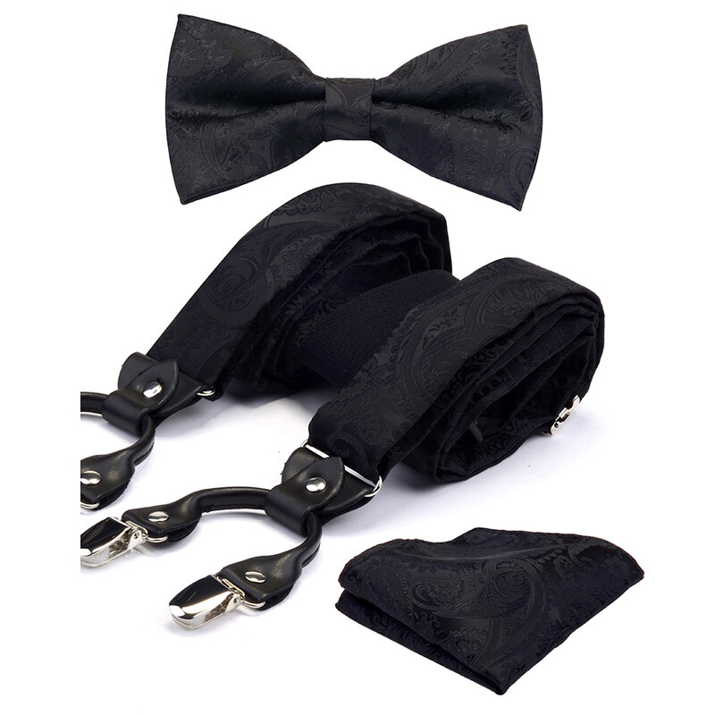 Bretelle per Pantaloni degli uomini di Modo Paisley Bretelle di Cuoio 6 Pinze Bretella Regolabile Bow Tie Pocket Piazza Set con la Scatola per Gli Uomini