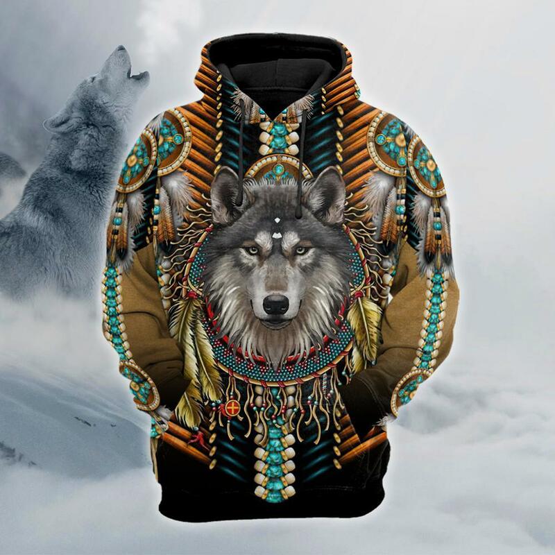 Sweat à capuche imprimé 3D pour homme, sweat-shirt unisexe, pull zippé, streetwear décontracté, beau loup natif tribal, automne, KJ465