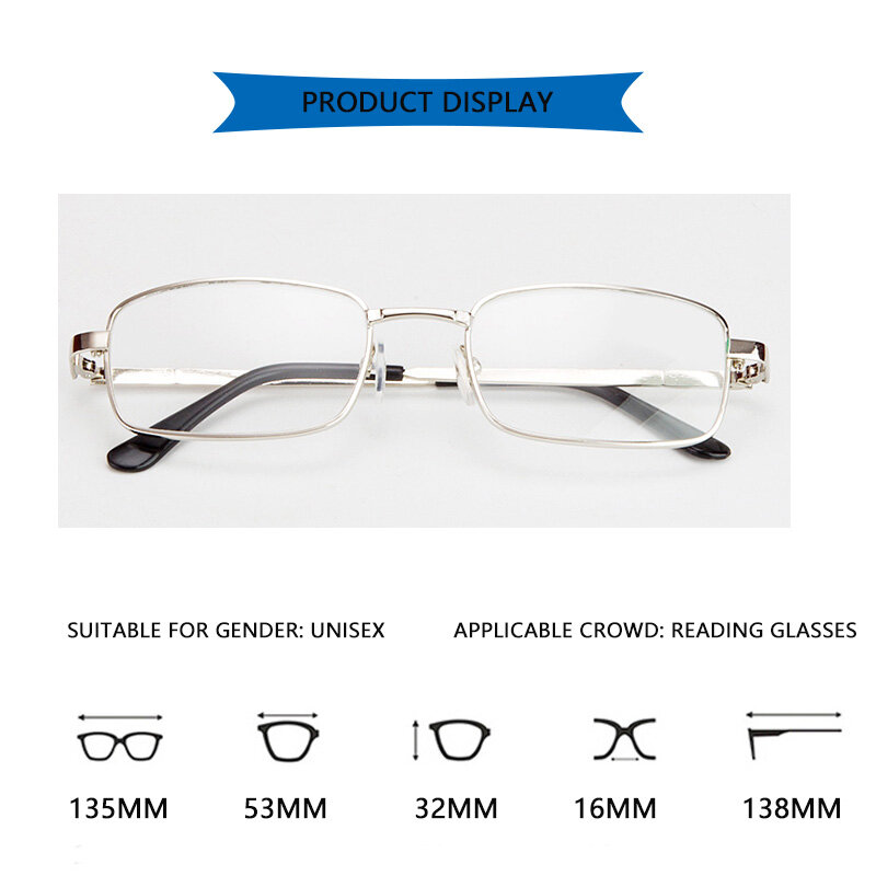 남녀공용 리얼 유리 렌즈 독서 안경, 사각 풀 프레임 노안 안경, 스크래치 방지 디옵터 안경, 1.5 2.0 2.5