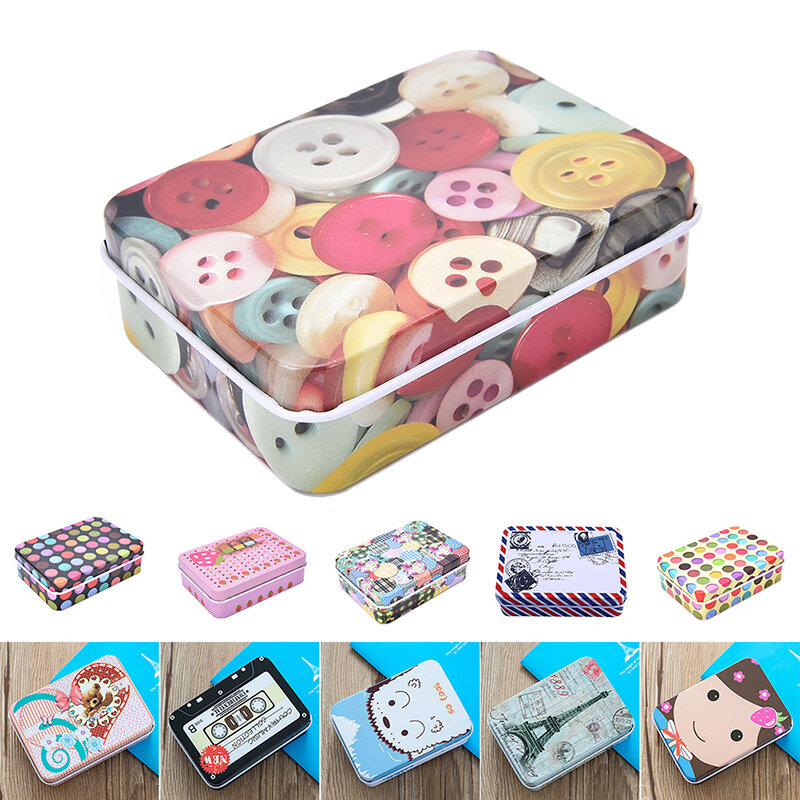 1PC Mini Tin Metal Container Small Rectangle Lovely Storage Box Case Pattern