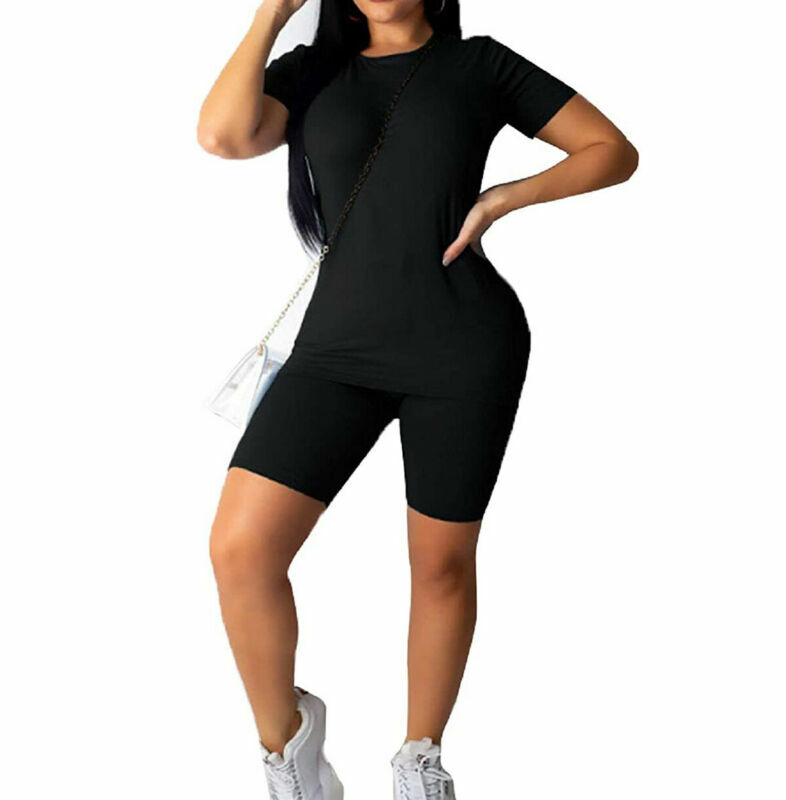 Conjunto casual feminino de duas peças, vestimenta de treino para mulheres, de verão, manga curta, com gola redonda, moda curta, 2020