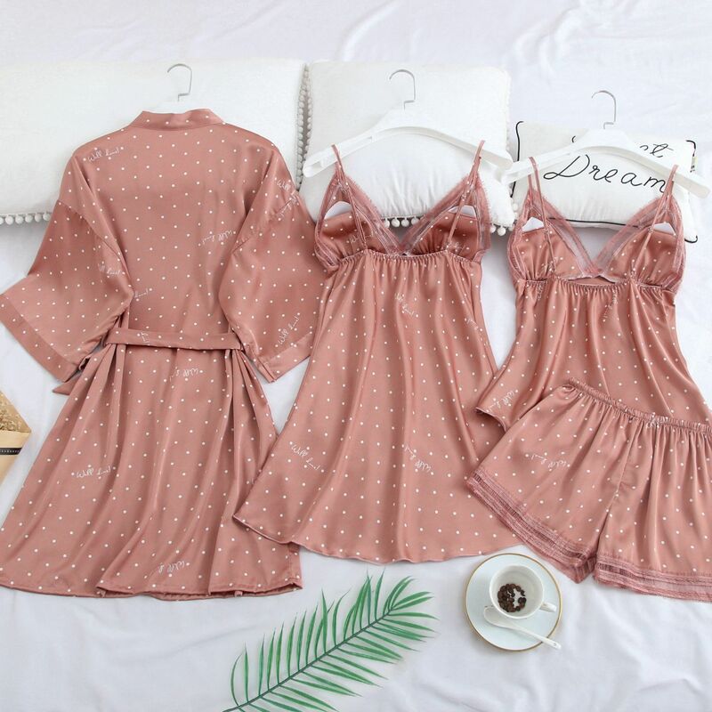 Roze Afdrukken Dot Bruiloft Robe Set Nachtkleding Casual Intieme Lingerie Nachtjapon Nachtjapon Zachte Homewear Thuis Kleding Kimono Gown