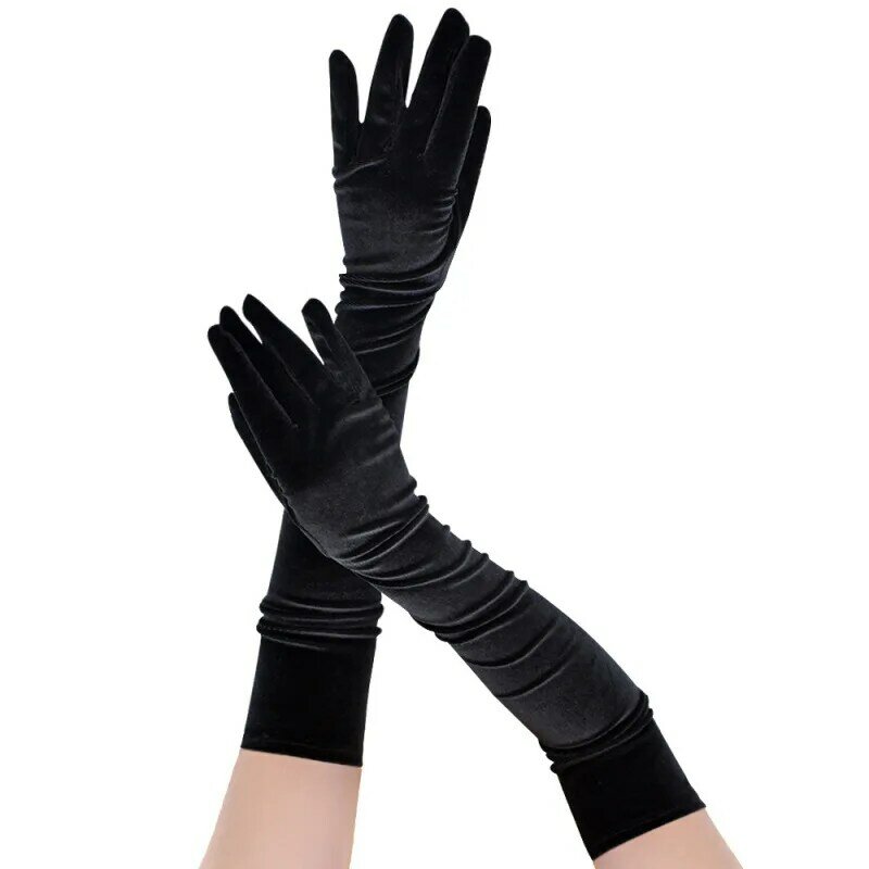 Перчатки женские вельветовые длинные черные, 53 см, для осени и зимы, эластичные