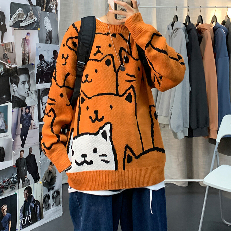 Pullovers Men Loose Cartoon Pattern Casual Student Knitted Fashion Korean All-match Streetwear Warm Clothes Vintage Harajuku Ins