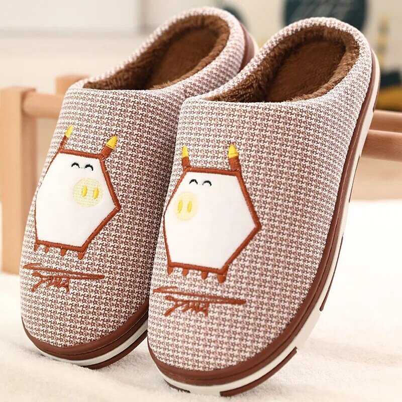 Cotton Slippers Men's Winter Home Fabric Slippers Men's Warm Non-slip Cute Thick Plush Indoor  Shoes