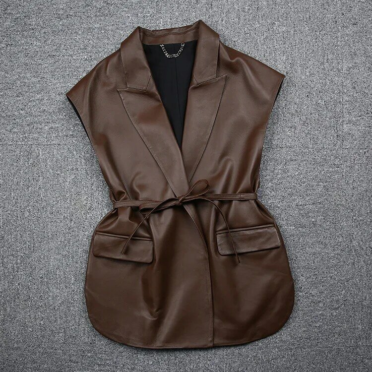 Fábrica nova remessa feminina clássica couro genuíno corta vento sem mangas um cinto jaqueta estilosa fina