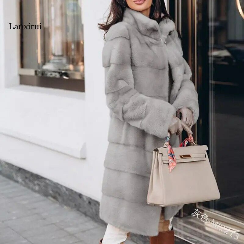 女性のための長くて平らなウサギの毛皮のコート,ピンクの毛皮のコート,厚くて暖かい,冬
