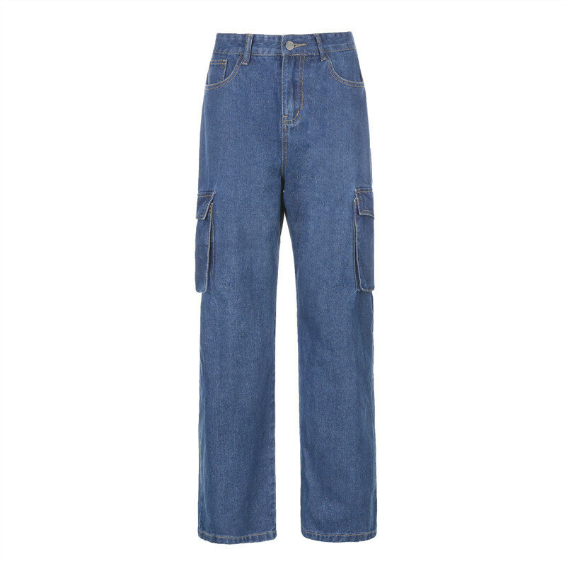 Pantalones vaqueros informales para mujer, largos de Vaqueros cintura alta, holgados, rectos, con bolsillos grandes, estilo Harajuku, Vintage, azul