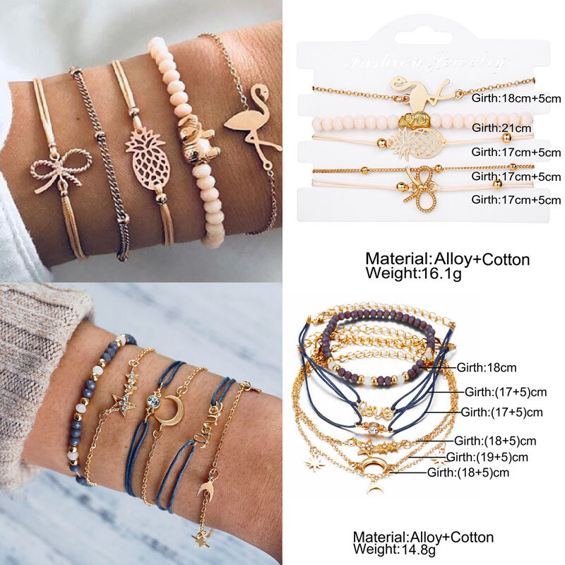 Ensemble de bracelets bohèmes vintage pour femmes, nouveau design, coquillage de lune, cœur, breloque tortue, perles, chaînes, bracelet, bijoux bohèmes