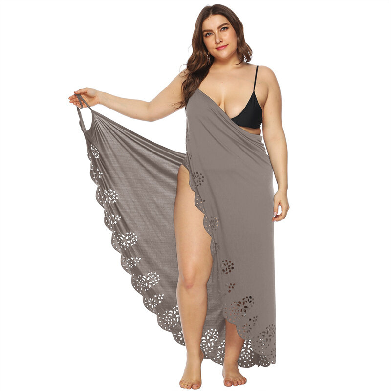 Женское кружевное ажурное платье с бахромой, летнее пляжное платье с запахом и открытой спиной, асимметричное Макси-платье