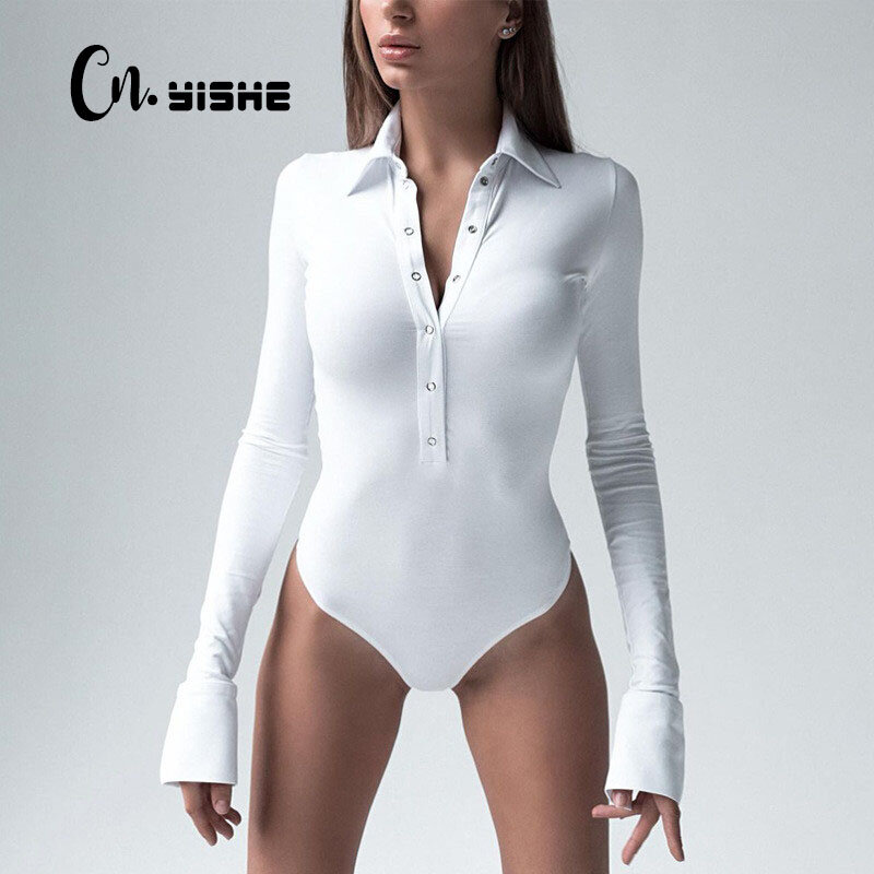 CNYISHE-bodysuit preto de manga comprida feminino com botões, macacão de uma peça, catsuit sexy, macacão casual, macacão, 2021