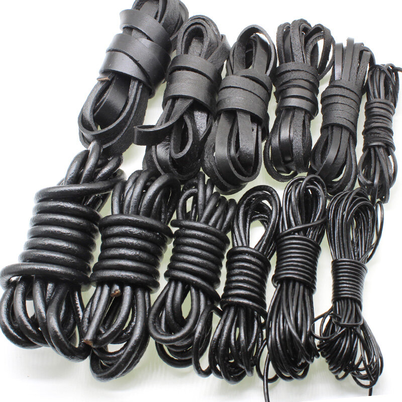 2m Schwarz Farbe Reale Echtes Leder Schnur 2 3 4 5 6 8 mm Runde Flache Leder Seil String fit Halskette Armband DIY Schmuck Machen