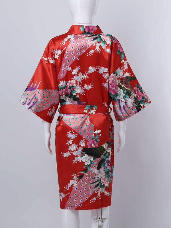 Kids Girls Japanese Night-gowns Peacock Flower Printed Faux Satin Kimono Robe Bathrobe Nightgown for Spa Party Wedding Birthday