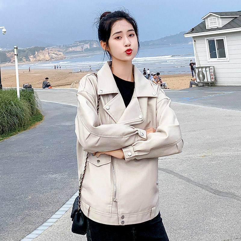 Jaket Kulit Wanita High-End Pakaian Luar Saku Longgar Pendek Kerah Lapel Liar Kulit Imitasi Atasan Wanita Siswa 29