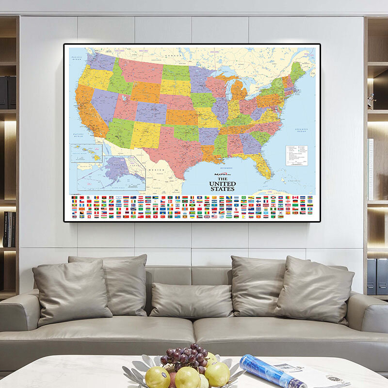 O mapa dos Estados Unidos com bandeiras do país, o mapa dos Estados Unidos, pintura vintage VanCanvas, Wall Art Poster, Home Decor, 150x100cm