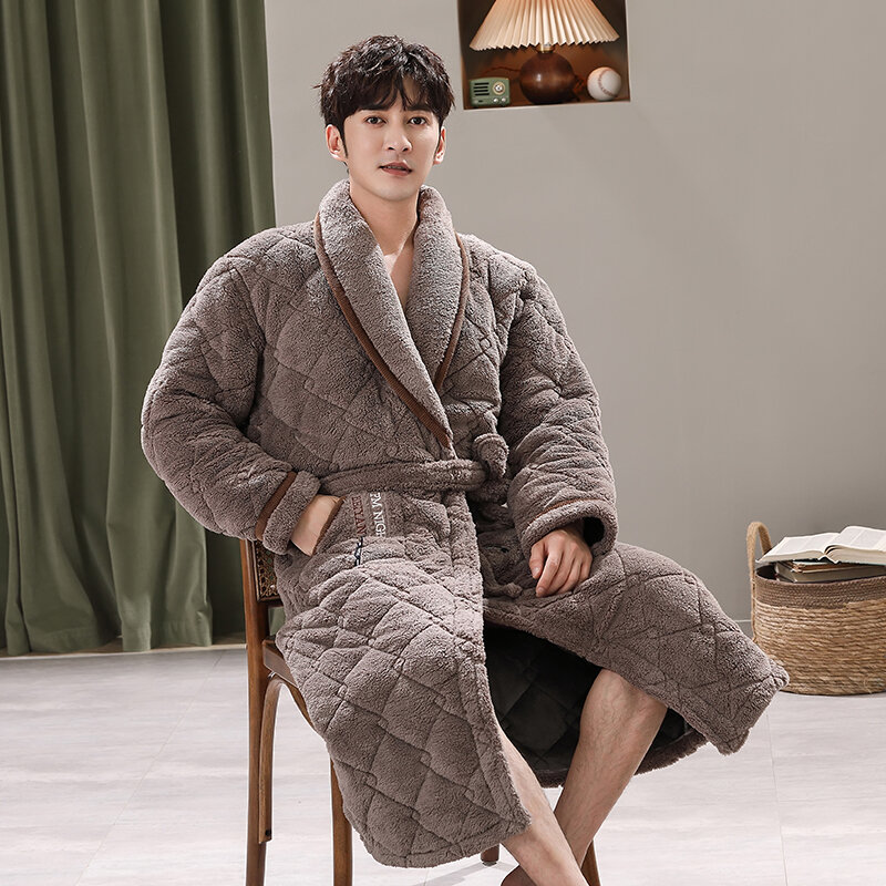 Inverno 3 camadas de lã coral banho roupão de banho dos homens roupão de banho homens pijamas acolchoado grosso longo spa robe chuveiro homewear