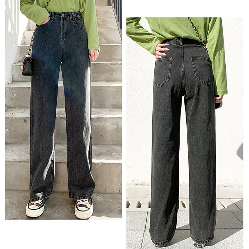 Женские джинсы, уличные штаны с высокой талией, светло-голубые хлопковые корейские модные свободные джинсы, широкие женские джинсы с металл...