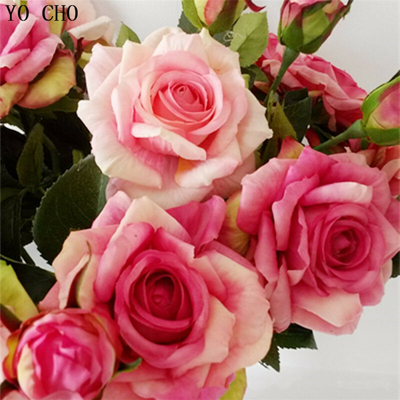 YO CHOสีชมพูRoseผ้าไหมงานแต่งงานช่อดอกไม้Mariageเจ้าสาวDIYดอกไม้Latexช่อดอกไม้ประดิษฐ์สำหรับBridesmaids Decor