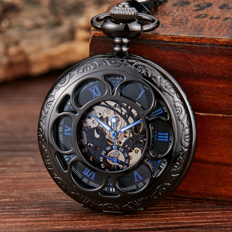 Relógio de bolso mecânico vazado flor retrô, relógio de bolso automático para homens e mulheres com corrente de aço requintado escultura romana