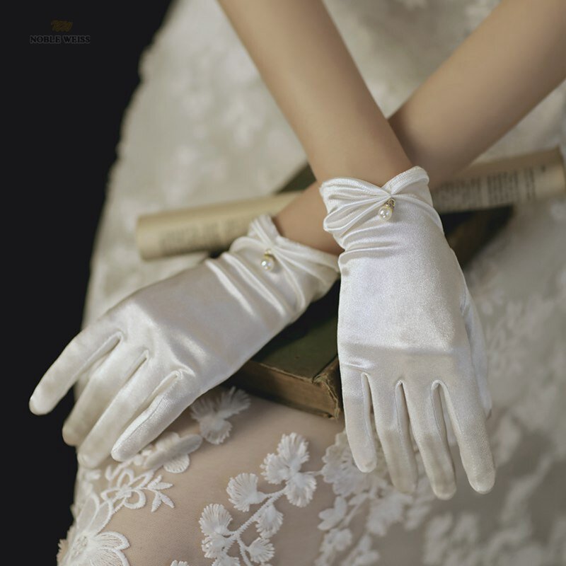 Guanti corti da sposa da donna guanti da ballo in raso a dito pieno lunghezza polso Costume da ballo