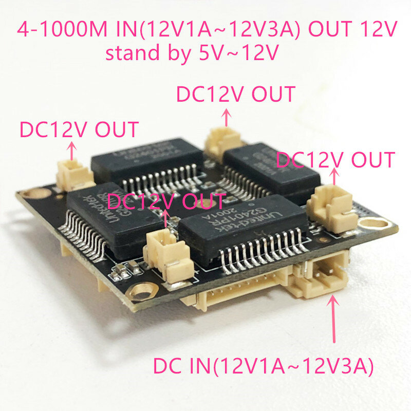 Interruptor de 4 puertos gigabit Ethernet pcba para módulo integrado DC 5V 12V 1a-3a, salida de CC VLAN a través de corriente, 10/100/1000M