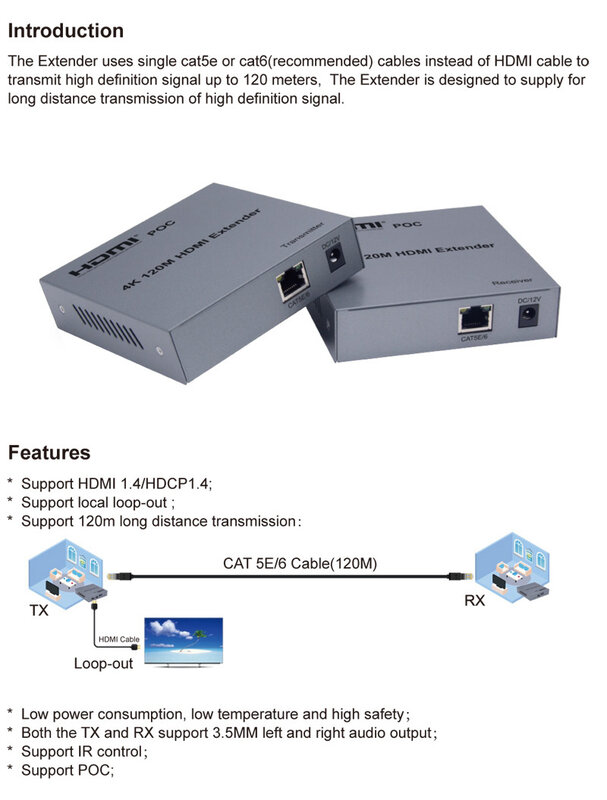 POC 4K przedłużacz HDMI 120M przez RJ45 Ethernet Cat5e Cat6 Cat 6 6a przedłużenie kabla sieciowego TX RX nadajnik-odbiornik TV wyjście z pętli