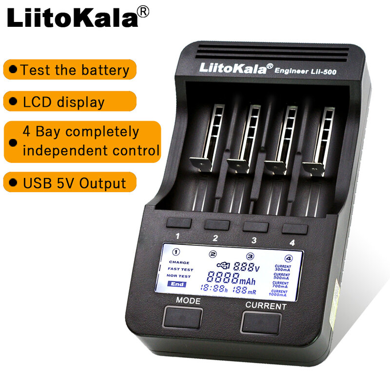 LiitoKala-cargador de batería lii500 LCD, 3,7 V/1,2 V, AA/AAA 18650/26650/16340/14500/10440/18500, con pantalla y adaptador USB de 12V y 2A, 5V y 1a