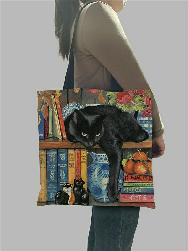 ปรับแต่งน้ำมันภาพวาดแมวพิมพ์ผู้หญิงกระเป๋า Tote ผ้าลินินถุงช้อปปิ้งนำกลับมาใช้ใหม่สำหรับร้านขายของชำกระเป๋าสำหรับสุภาพสตรี2020