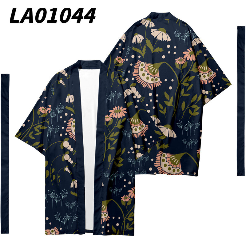 Cárdigan de playa estilo Kimono largo con estampado de flamenco para hombre y mujer, ropa informal con cinturón, estilo japonés, estilo asiático, Harajuku