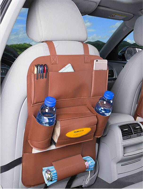 PU Leather Car Seat Back Organizer Storage Bag iPad Tablet Phone Holder Umbrella Napkin Drink Bag Backseat Kick Protector Cover