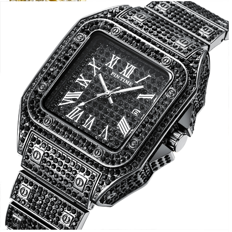 Volledige Zwarte Diamant Kalender Horloges Hip Hop Ice Out Aaa Zirkoon Quartz Horloge Relogio Masculino Geschenken