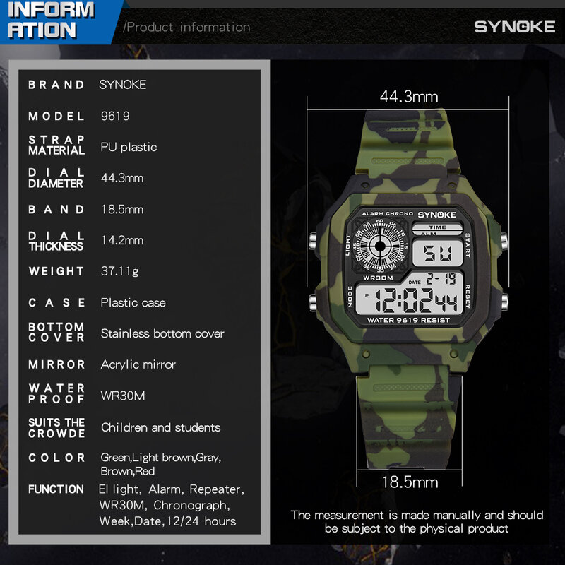 Часы наручные SYNOKE Мужские Цифровые, модные камуфляжные водонепроницаемые в стиле милитари, для бега