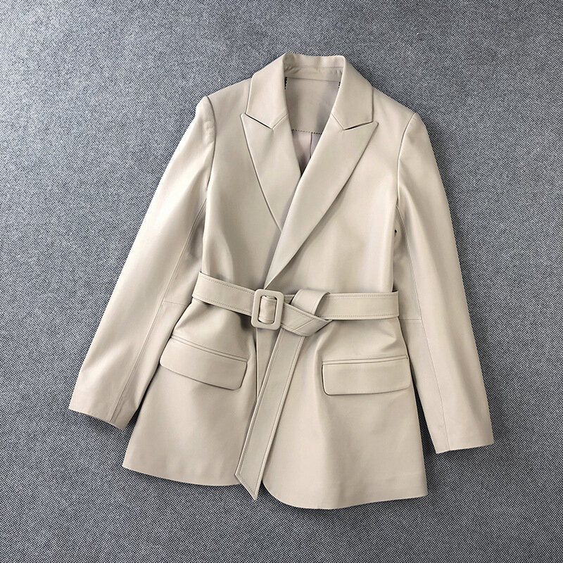 Lambskin ชุดผู้หญิง Designer Vera Moda เสื้อแจ็คเก็ตหนังแท้กลางความยาวเสื้อสไตล์เกาหลีสีดำ/Beige เข็มขัดสีเทา veste Cuir Femme