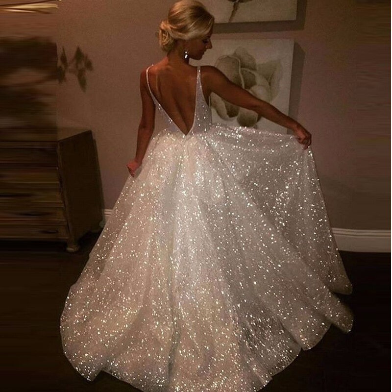 BacklakeGirls 2019 Sexy V Neck Sleeveless Cheap Wedding Dress With Sequins Cut Out Back China Wedding Gowns For Marriage