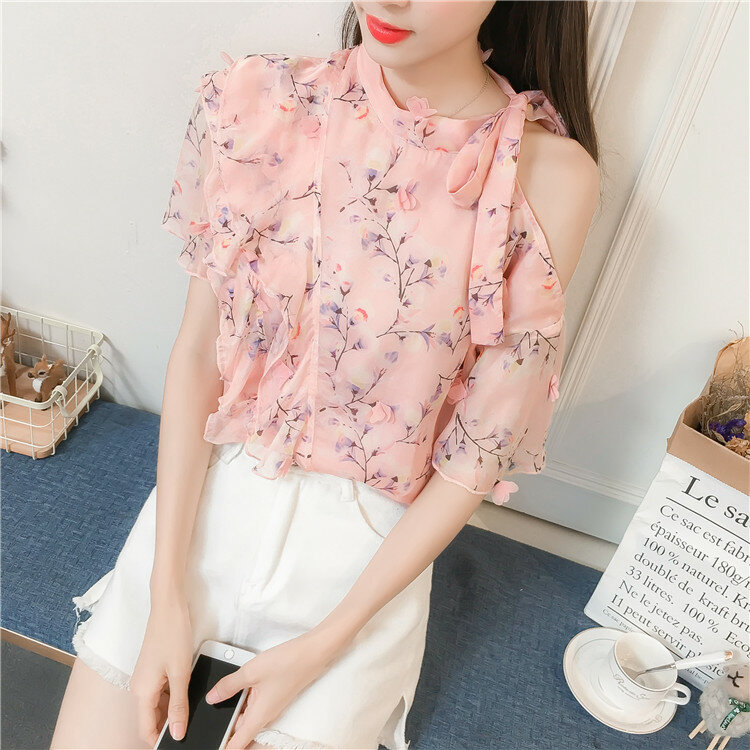 COIGARSAM Ruffles blouse women Summer Print Short Sleeve Chiffon blusas womens tops and blouses Pink 6500