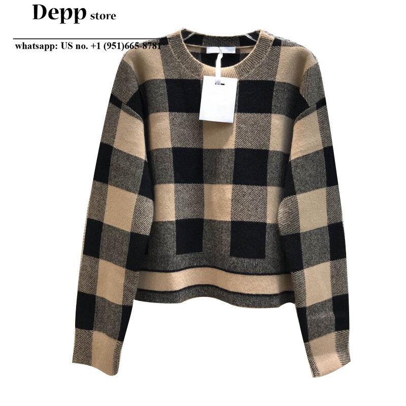 2020 Autumn New Color Matching Plaid Letter Embroidery Slim wool blended Knitted Long-Sleeved round Neck Pullover Women sweater
