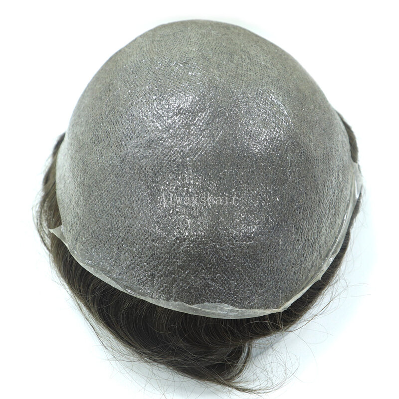 RH 바이오 자연 헤어 라인 0.06-0.08mm 슈퍼 얇은 피부 남자 Toupee 가발 Mens Toupees 합성 회색 머리