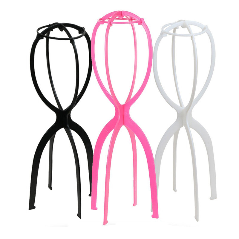 Suporte de peruca alta ajustável para mulheres, suporte de plástico portátil, dobrável, longo, styling display, preto, cor rosa, 50cm