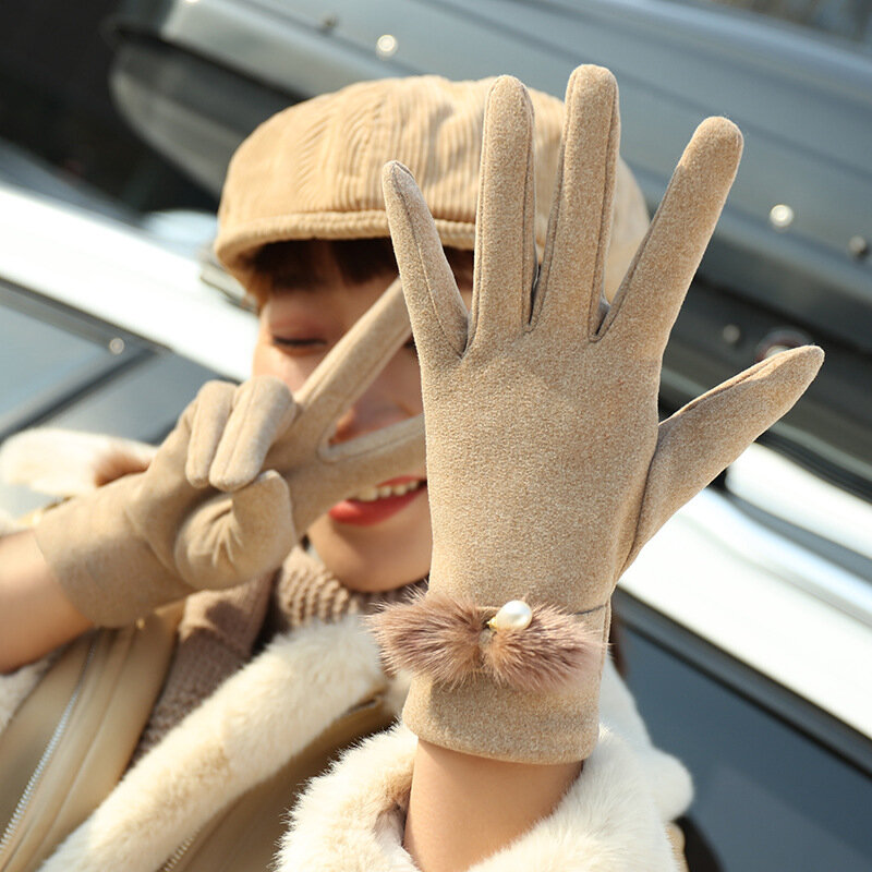 Зимние женские бархатные утепленные сохраняющие тепло перчатки с жемчужинами для сенсорного экрана Элегантные Перчатки для езды на велосипеде эластичные варежки