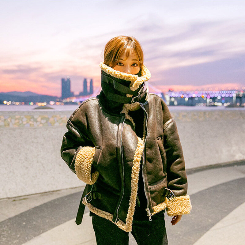 Abrigo de lana de cordero para mujer, chaqueta gruesa de terciopelo de gamuza de grano suelto, estilo coreano, ropa de motocicleta, novedad de invierno, 2020