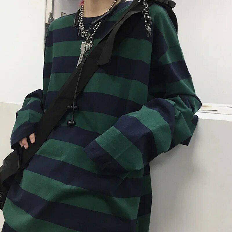 Harajuku Oversized Hoge Straat Streep T-shirt Lange Mouwen Vintage Stijl Alle-Match Mode Unisex Kleding Japanse Streetwear