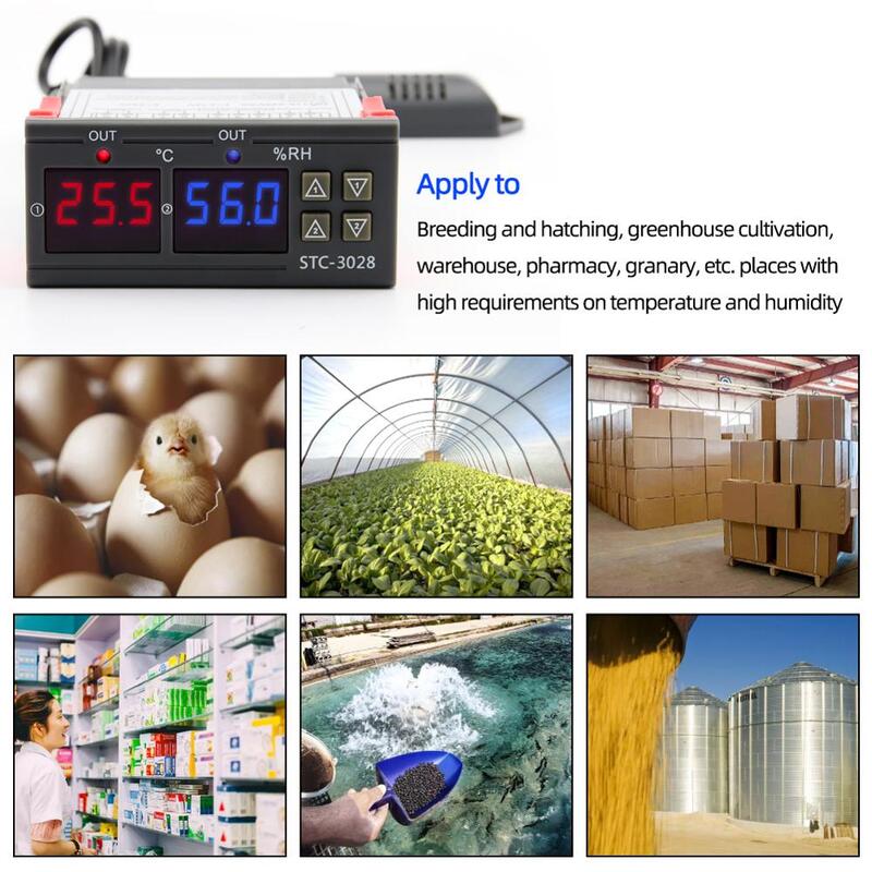 Yieryi – Thermostat numérique STC-3028, contrôle de la température et de l'humidité, thermomètre et hygromètre, AC 110V, 220V, DC 12V, 24V, 10a