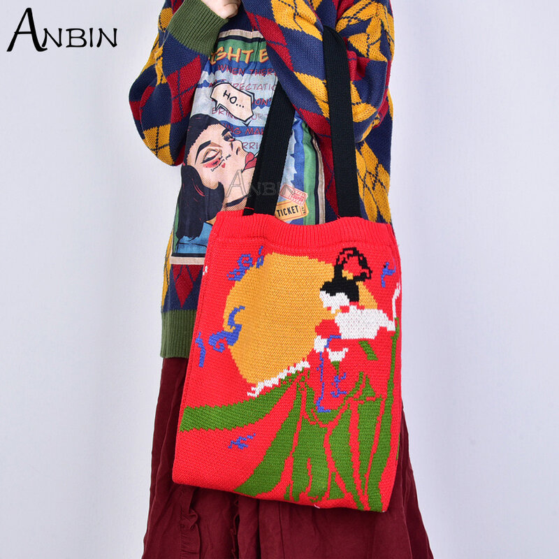 Bolsos de hombro de punto para mujer, bolso de mano femenino informal de estilo chino, elegante, de lana de ganchillo, con asa superior, para uso diario