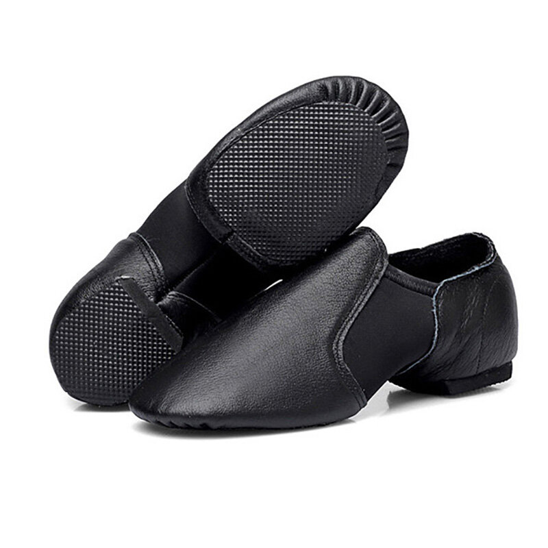 Ushine รองเท้าหนังแท้สีดำน้ำตาลดำยืดได้สำหรับผู้หญิงผู้ชายรองเท้าบัลเลต์ฝึกโยคะฟิตเนสแจ๊ส