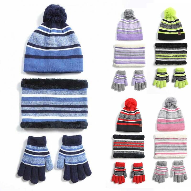 Bambini inverno filato di lana lavorato a maglia cappello pompon berretto collo sciarpa guanti Set caldo maglia femminile lettera cofano berretti Set 2020
