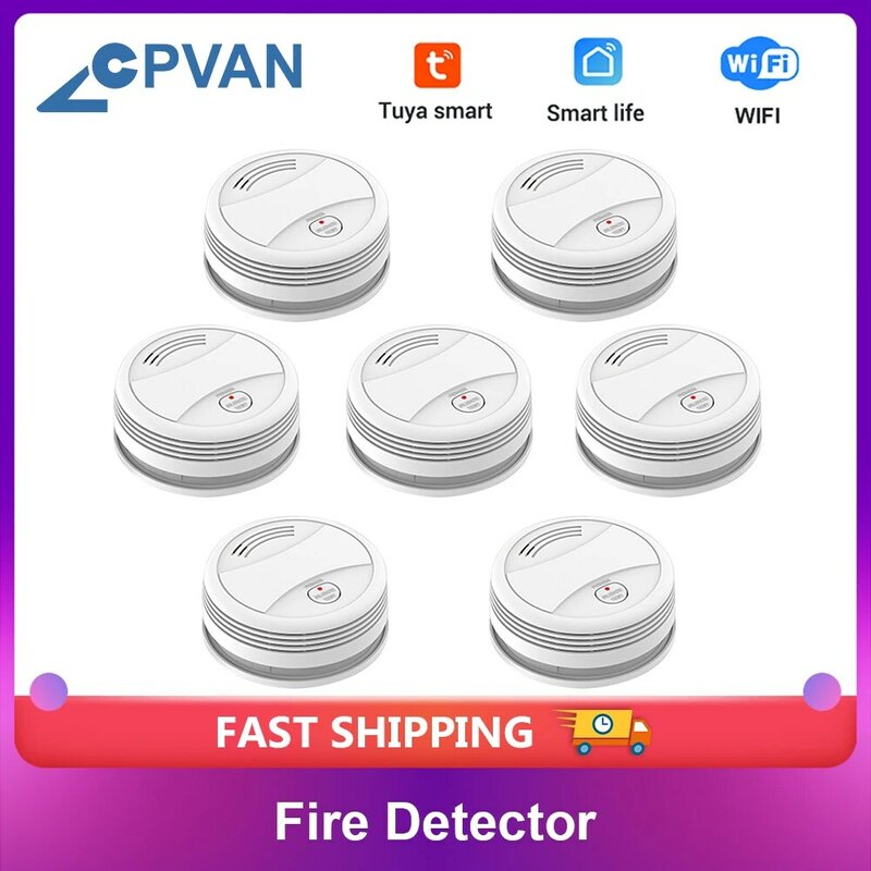 CPVAN-Detector de humo con WiFi, sistema de seguridad para el hogar, bomberos, Control por aplicación Tuya/Smart Life, lote de 7 unidades