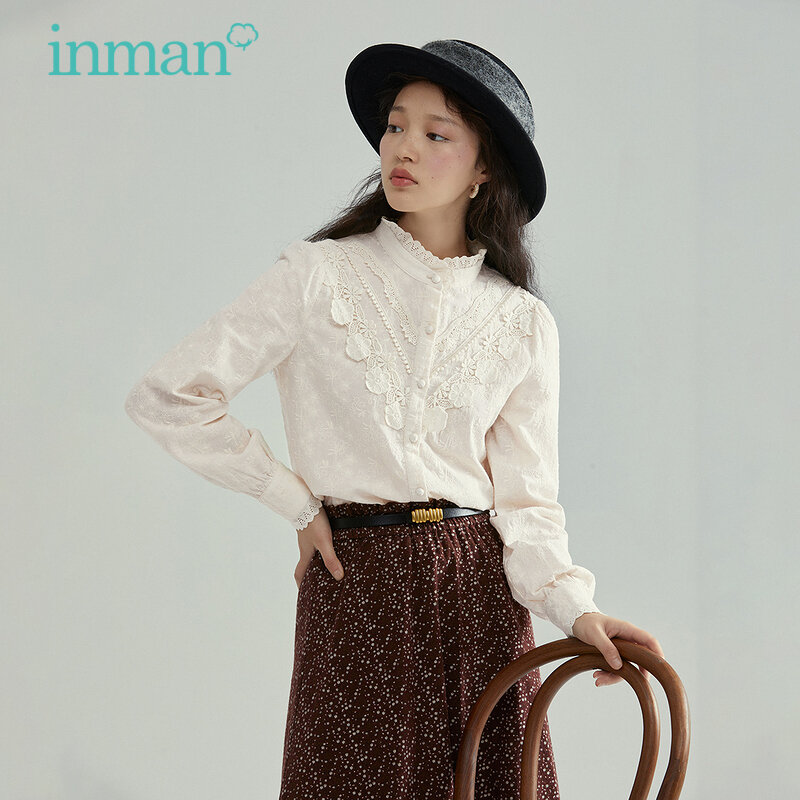 INMAN-Blusa de estilo elegante para mujer, camisa con cuello levantado, Color albaricoque, para primavera y otoño