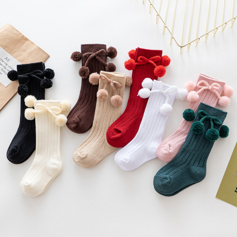 Детские носки для девочек и мальчиков на осень и зиму с бантом и помпоном до колена длинные детские носки хлопковые носки для малышей Детские аксессуары