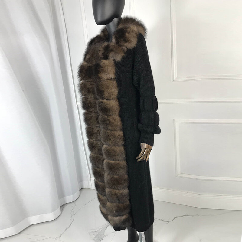 Mantel Fashion Wanita Lengan Penuh Ponco Sweter Kardigan Kasmir dengan Potongan Kerah Bulu Rubah Alami